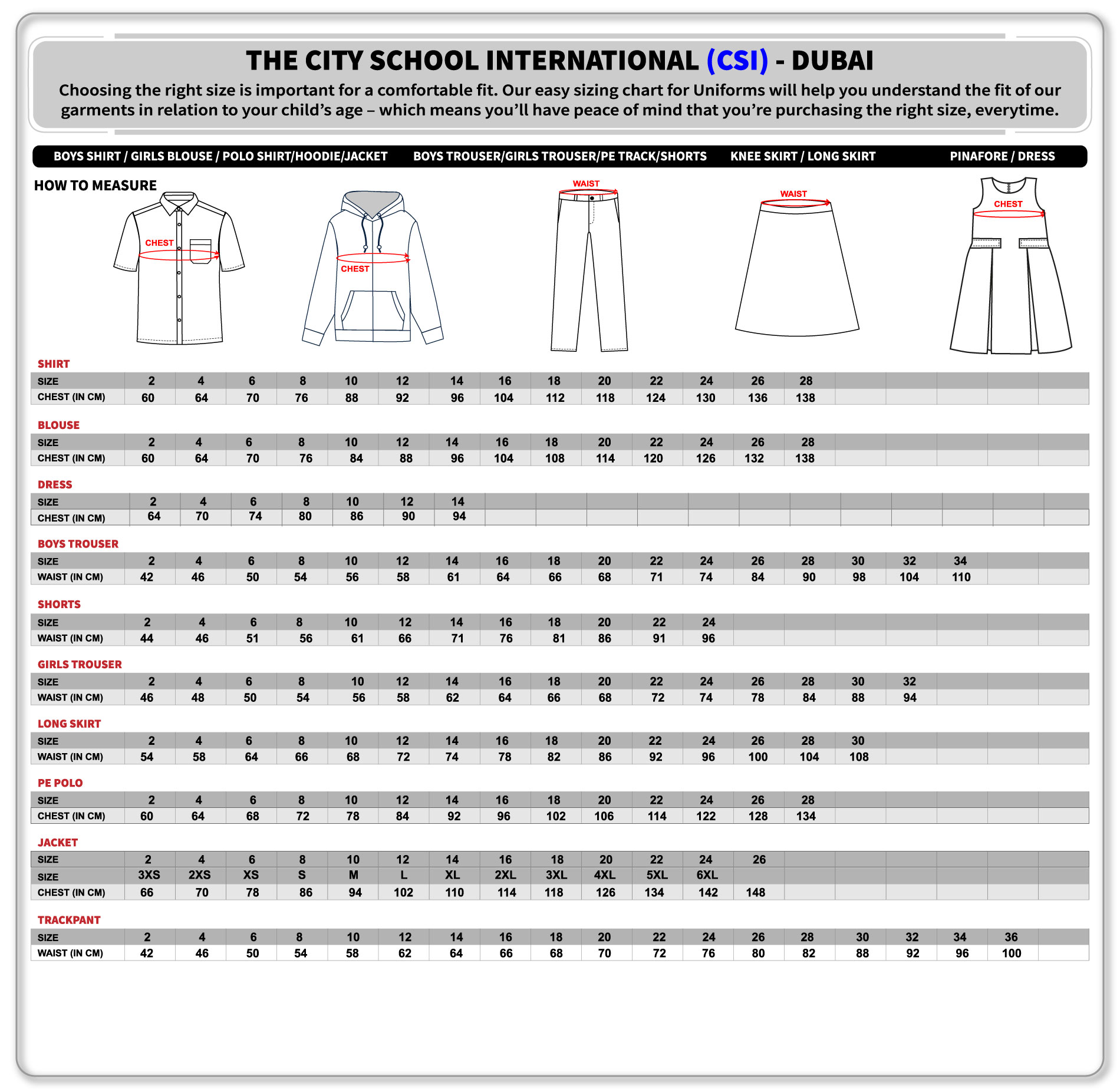 School Uniforms size chart | Threads UAE